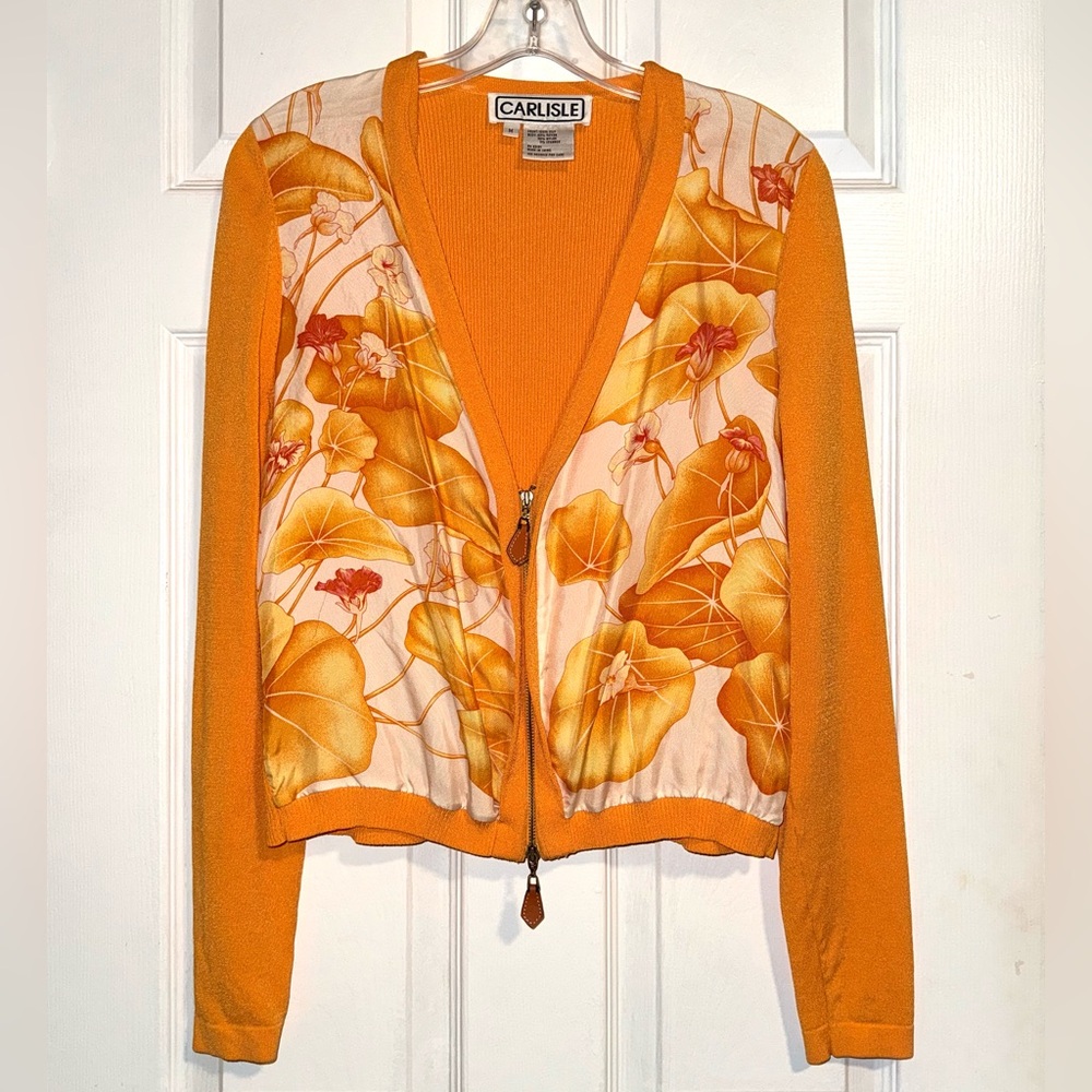 Carlisle Women’s Silk Cardigan Orange White Floral Front Zipper Size Medium